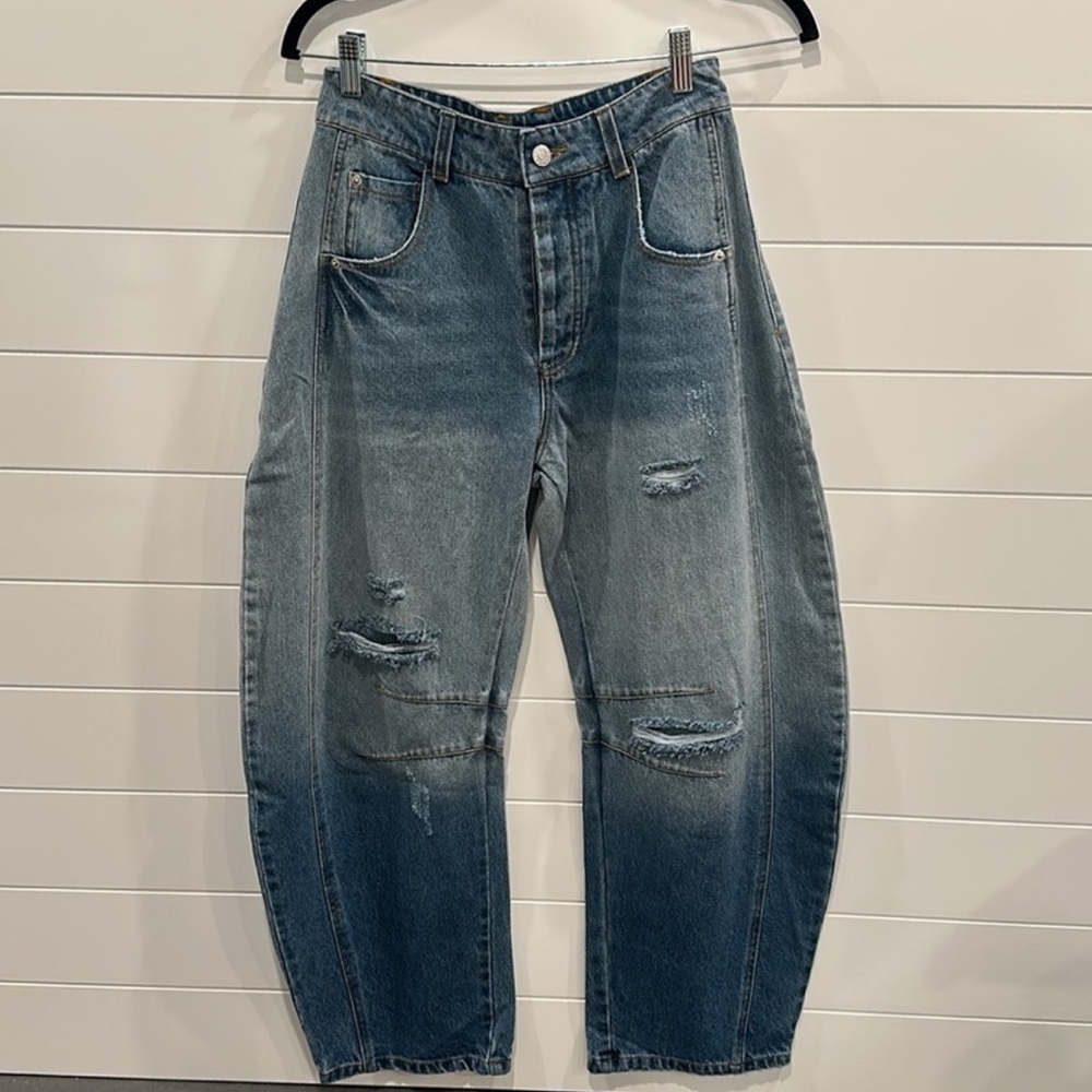 So Me Relaxed Fit Distressed Barrel Blue Jeans